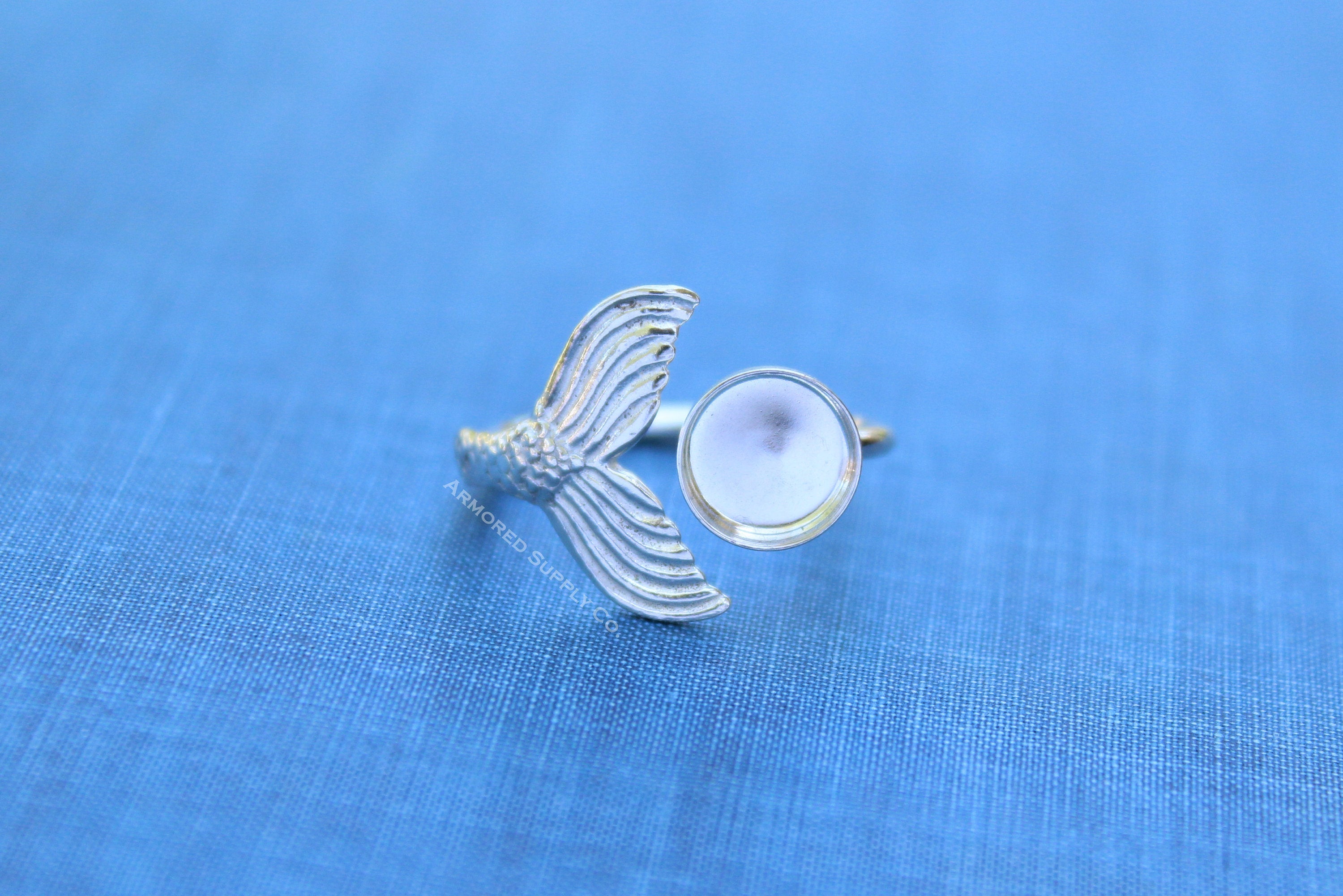 Silver Mermaid Tail Open Adjustable Bezel Cup Ring blank, Round Cabochon, Breast Milk DIY jewelry supplies, build a ring, wholesale jewelry