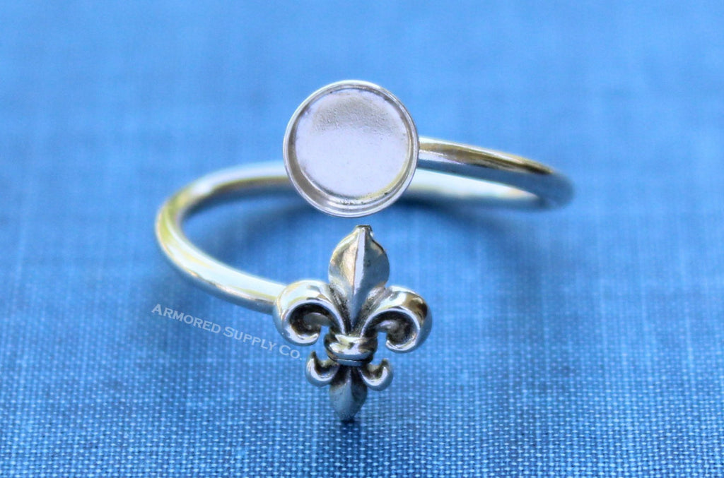 Silver Fleur De Lis Wrap Adjustable Bezel Cup Ring blank, Round Cabochon, Breast Milk DIY jewelry supplies, build a ring, wholesale jewelry