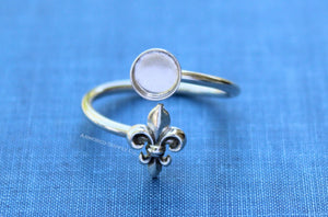 Silver Fleur De Lis Wrap Adjustable Bezel Cup Ring blank, Round Cabochon, Breast Milk DIY jewelry supplies, build a ring, wholesale jewelry