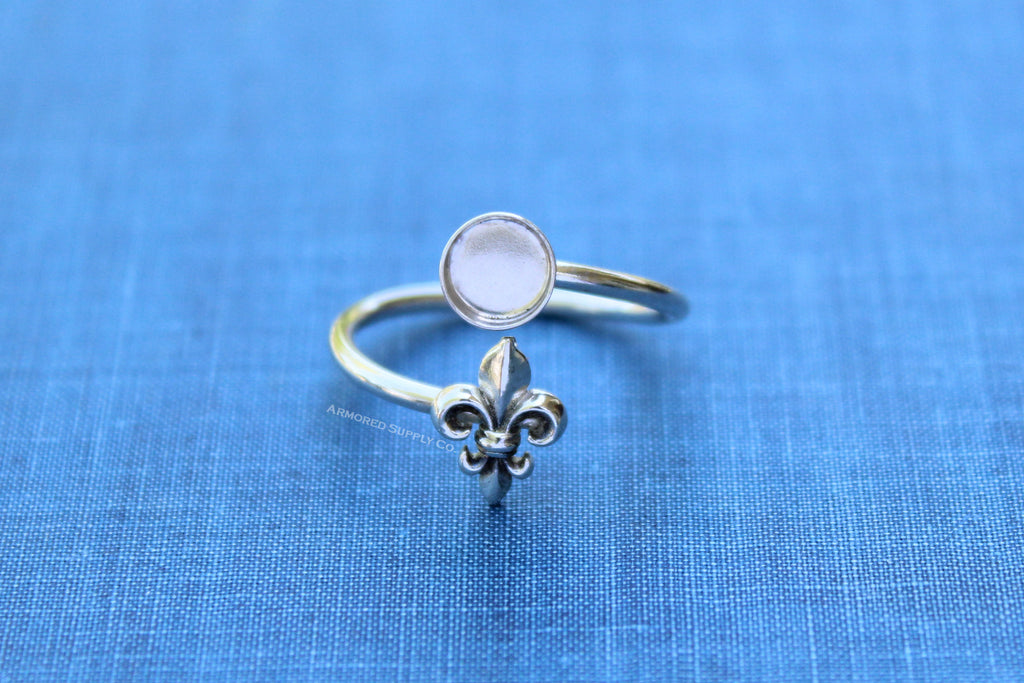 Silver Fleur De Lis Wrap Adjustable Bezel Cup Ring blank, Round Cabochon, Breast Milk DIY jewelry supplies, build a ring, wholesale jewelry