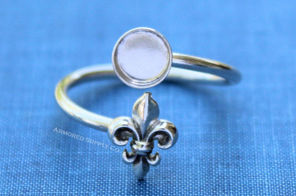 Silver Fleur De Lis Wrap Adjustable Bezel Cup Ring blank, Round Cabochon, Breast Milk DIY jewelry supplies, build a ring, wholesale jewelry