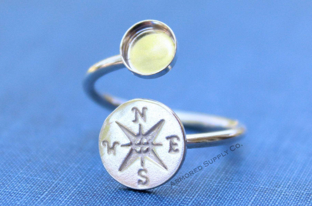 Silver Compass Wrap Adjustable Bezel Cup Ring blank, Round Cabochon, Breast Milk DIY jewelry supplies, build a ring, wholesale jewelry