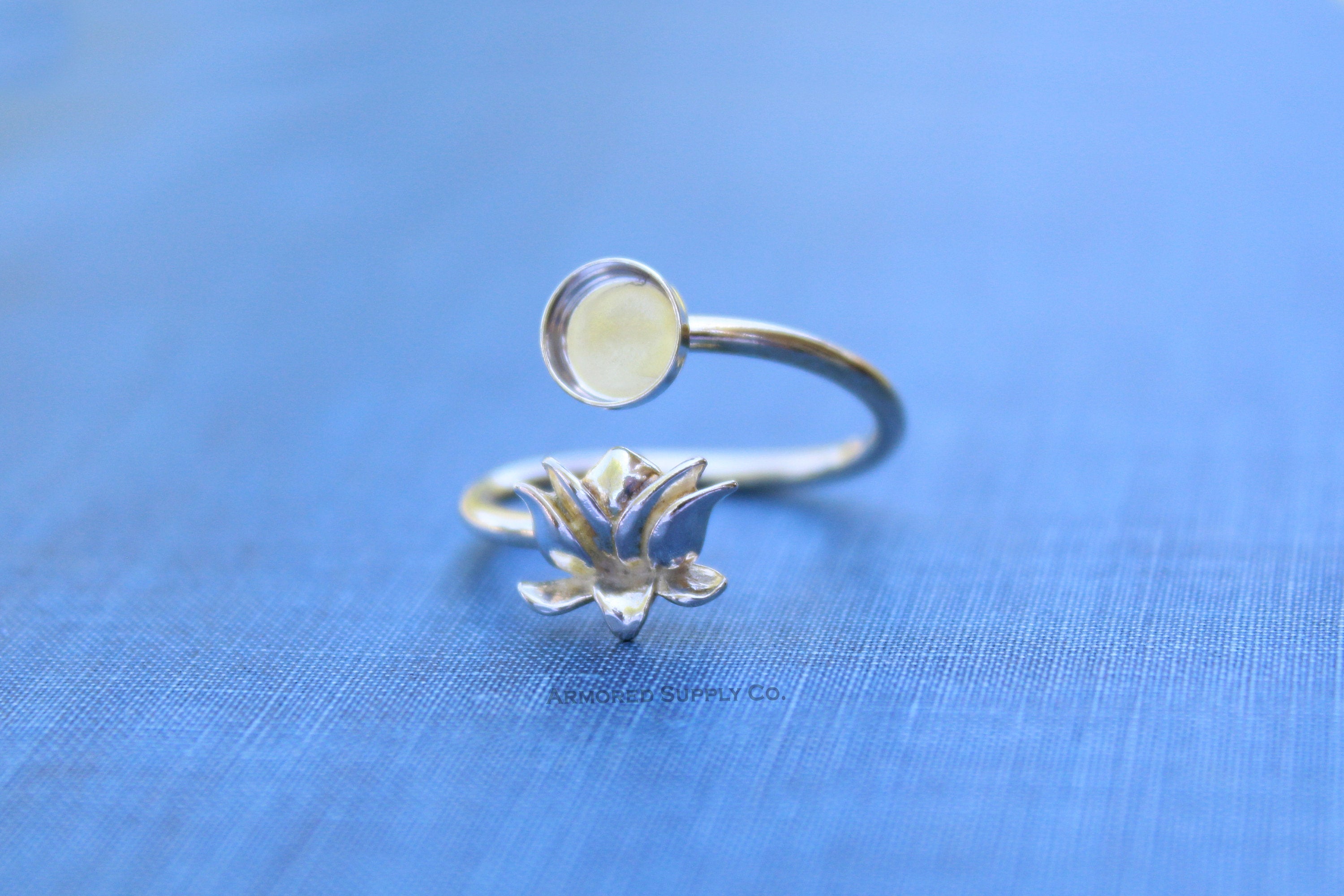 Silver Lotus Flower Wrap Adjustable Bezel Cup Ring blank, Round Cabochon, Breast Milk DIY jewelry supplies, build a ring, wholesale jewelry