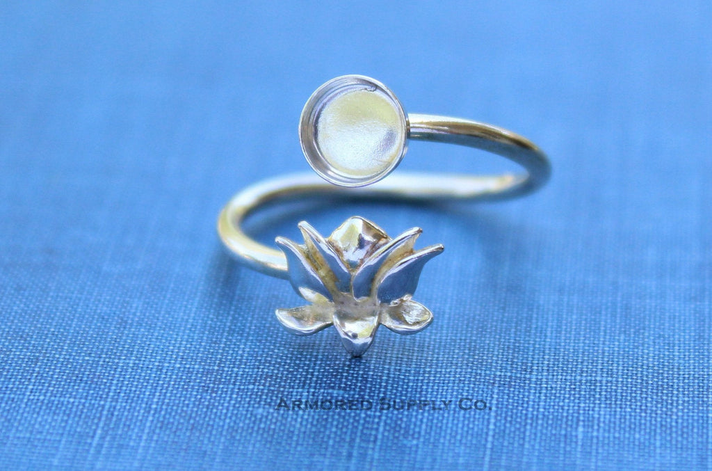 Silver Lotus Flower Wrap Adjustable Bezel Cup Ring blank, Round Cabochon, Breast Milk DIY jewelry supplies, build a ring, wholesale jewelry