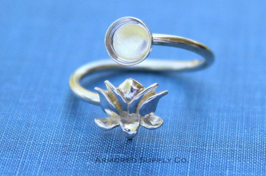 Silver Lotus Flower Wrap Adjustable Bezel Cup Ring blank, Round Cabochon, Breast Milk DIY jewelry supplies, build a ring, wholesale jewelry