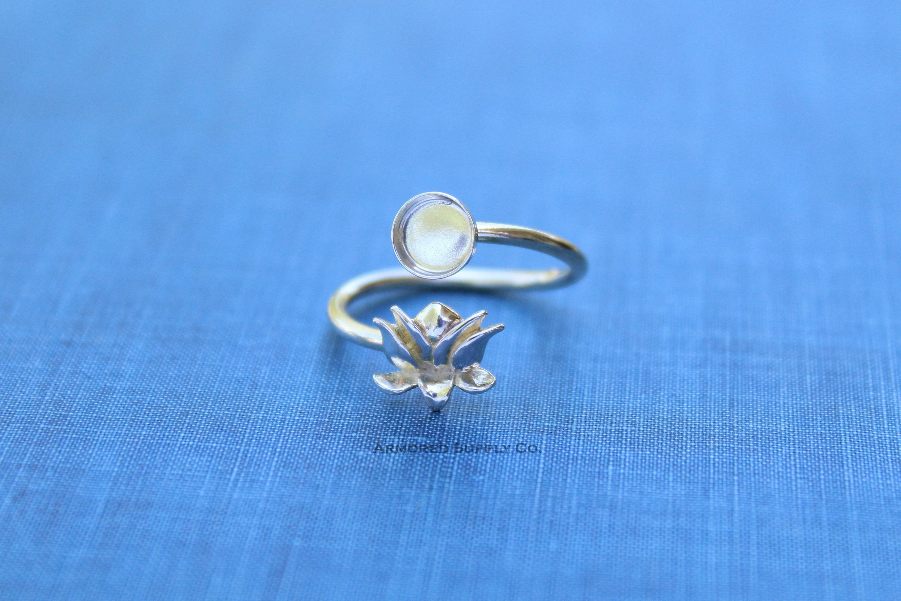 Silver Lotus Flower Wrap Adjustable Bezel Cup Ring blank, Round Cabochon, Breast Milk DIY jewelry supplies, build a ring, wholesale jewelry
