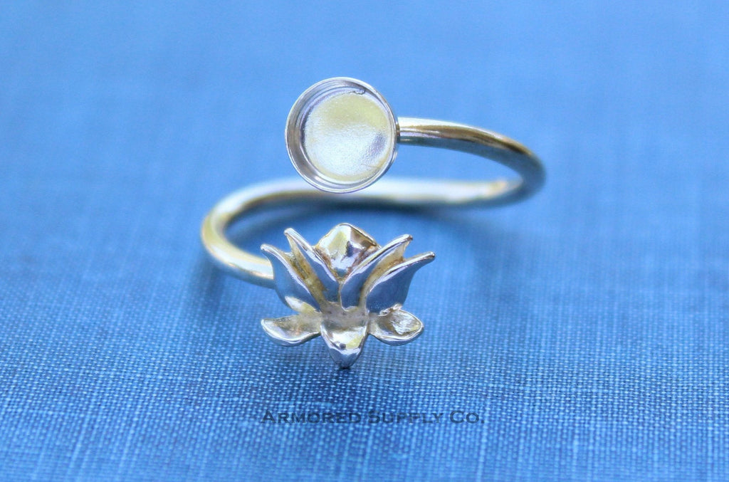 Silver Lotus Flower Wrap Adjustable Bezel Cup Ring blank, Round Cabochon, Breast Milk DIY jewelry supplies, build a ring, wholesale jewelry