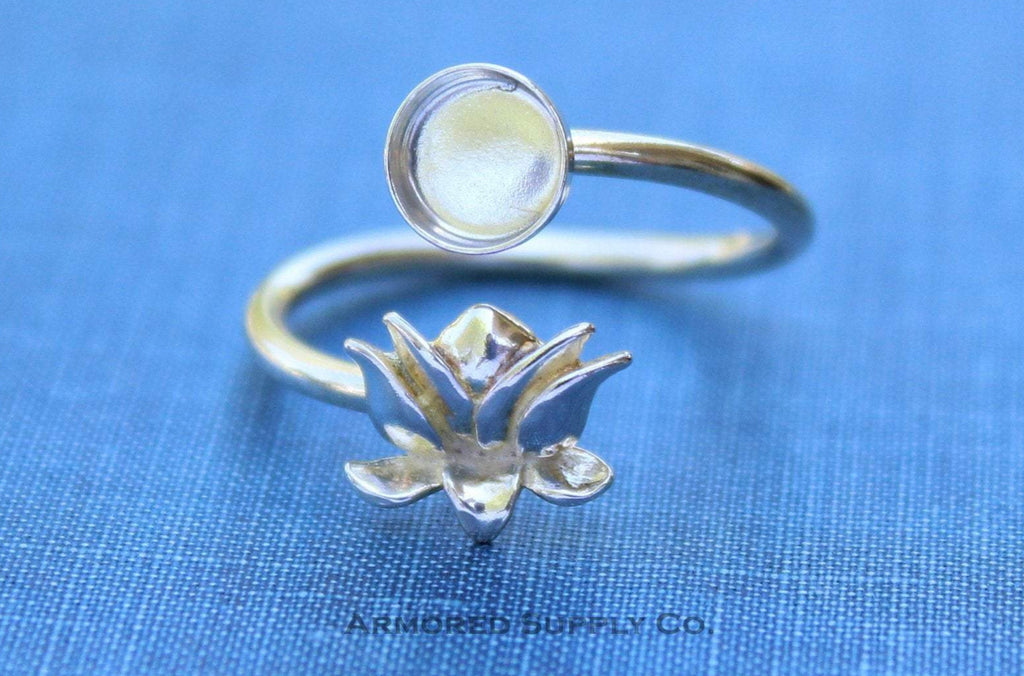 Silver Lotus Flower Wrap Adjustable Bezel Cup Ring blank, Round Cabochon, Breast Milk DIY jewelry supplies, build a ring, wholesale jewelry