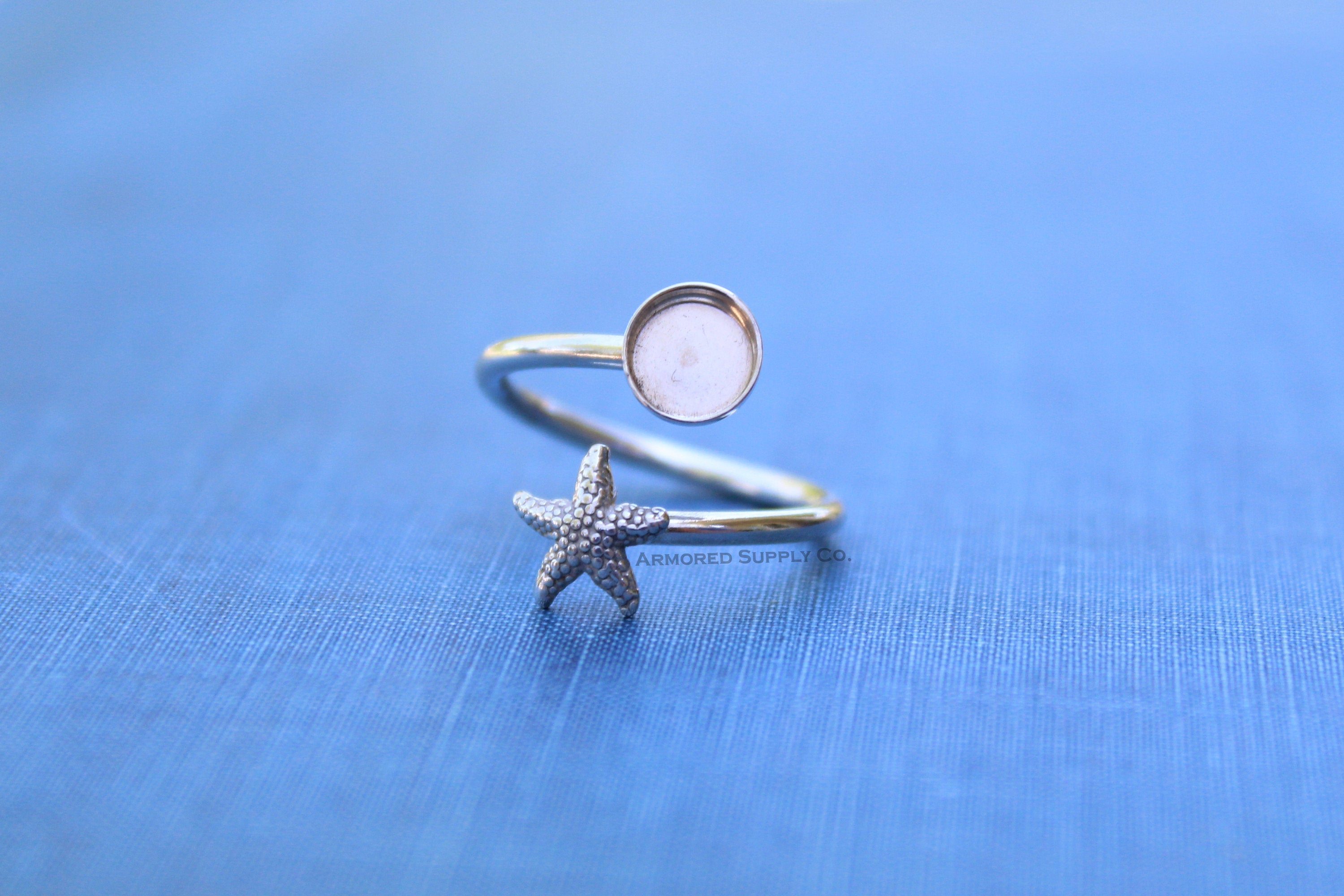 Silver Starfish Wrap Adjustable Bezel Cup Ring blank, Round Cabochon, Breast Milk DIY jewelry supplies, build a ring, wholesale jewelry