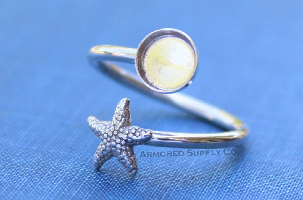 Silver Starfish Wrap Adjustable Bezel Cup Ring blank, Round Cabochon, Breast Milk DIY jewelry supplies, build a ring, wholesale jewelry