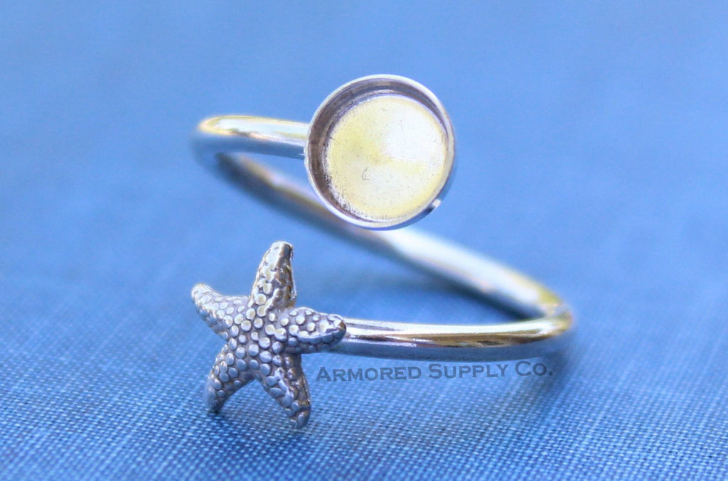 Silver Starfish Wrap Adjustable Bezel Cup Ring blank, Round Cabochon, Breast Milk DIY jewelry supplies, build a ring, wholesale jewelry