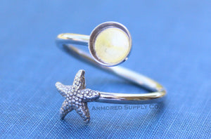 Silver Starfish Wrap Adjustable Bezel Cup Ring blank, Round Cabochon, Breast Milk DIY jewelry supplies, build a ring, wholesale jewelry