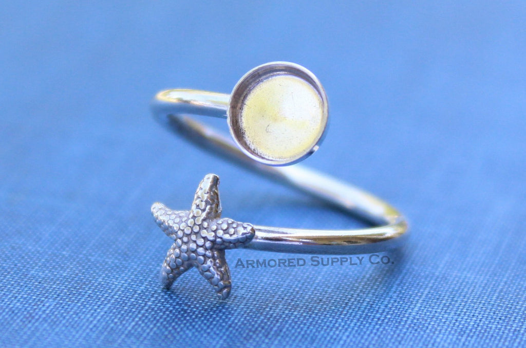 Silver Starfish Wrap Adjustable Bezel Cup Ring blank, Round Cabochon, Breast Milk DIY jewelry supplies, build a ring, wholesale jewelry