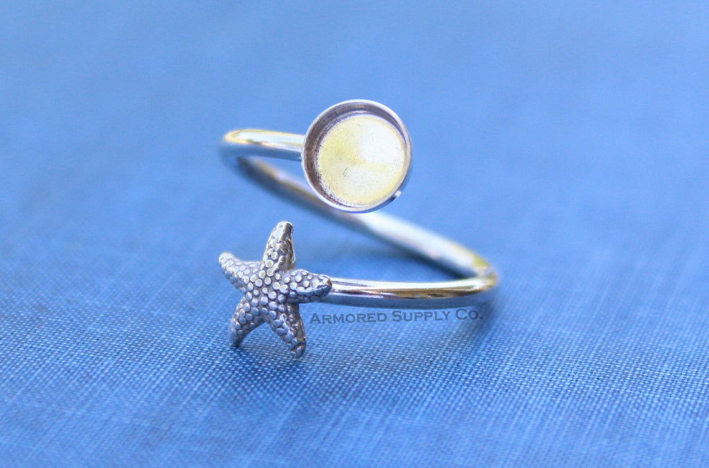 Silver Starfish Wrap Adjustable Bezel Cup Ring blank, Round Cabochon, Breast Milk DIY jewelry supplies, build a ring, wholesale jewelry