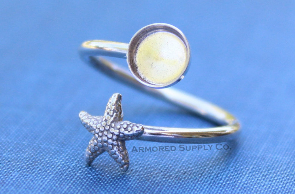 Silver Starfish Wrap Adjustable Bezel Cup Ring blank, Round Cabochon, Breast Milk DIY jewelry supplies, build a ring, wholesale jewelry