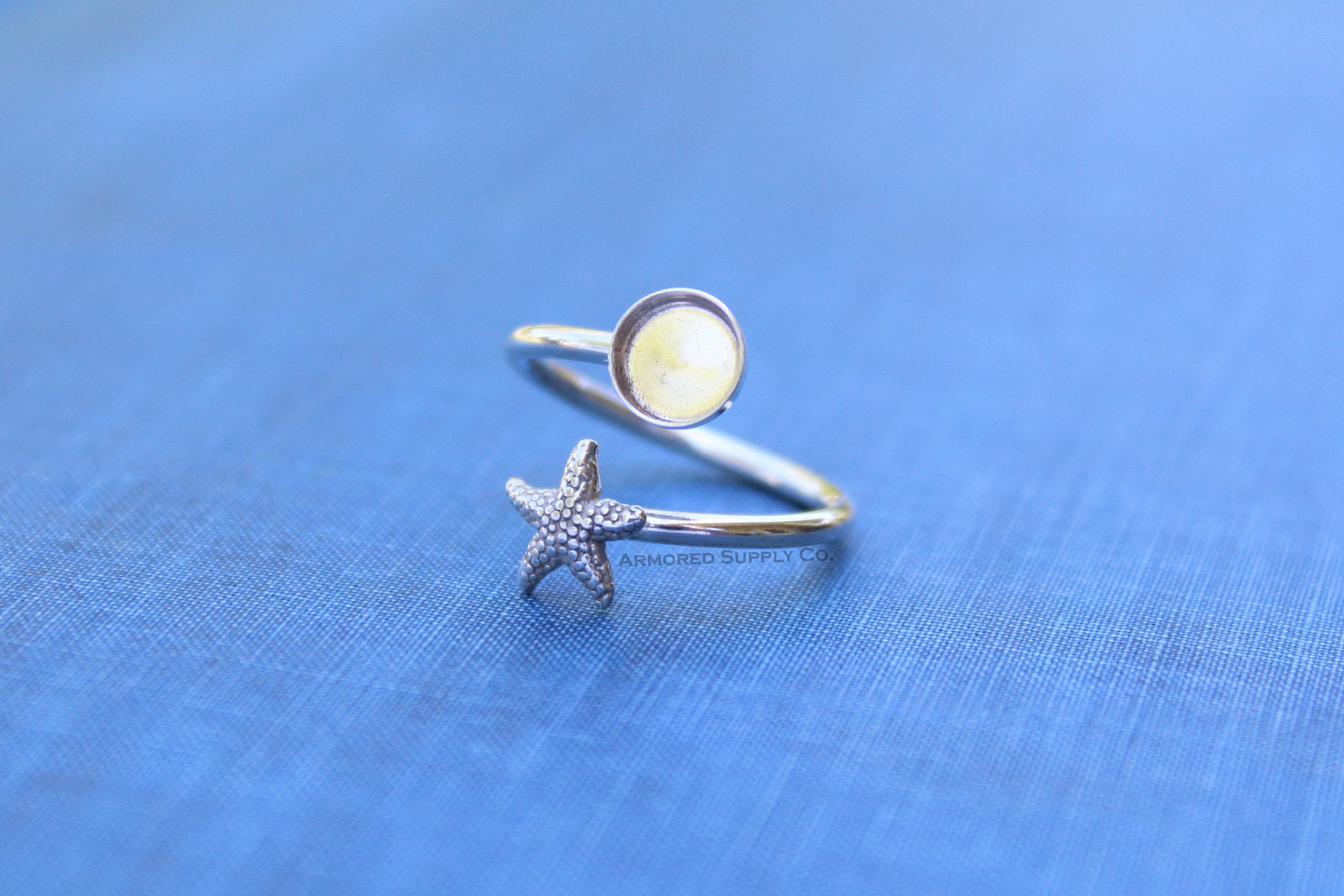 Silver Starfish Wrap Adjustable Bezel Cup Ring blank, Round Cabochon, Breast Milk DIY jewelry supplies, build a ring, wholesale jewelry
