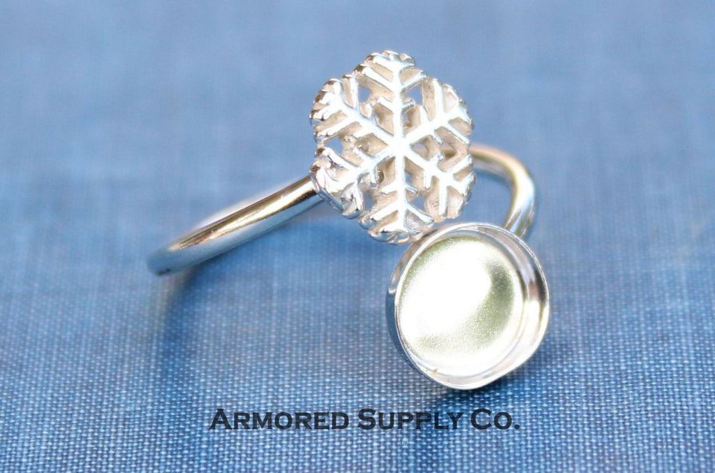 Sterling Silver Snowflake Wrap Adjustable Bezel Cup Ring blank, Round Cabochon, Breast Milk DIY ring, jewelry supplies, wholesale jewelry