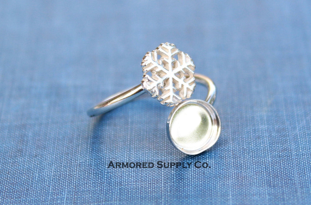 Sterling Silver Snowflake Wrap Adjustable Bezel Cup Ring blank, Round Cabochon, Breast Milk DIY ring, jewelry supplies, wholesale jewelry